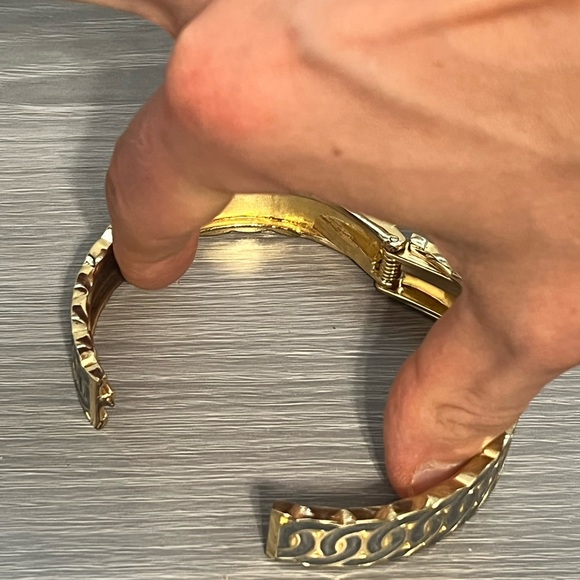 Vintage Gold and Gray Enamel Hinged Bangle Bracelet with Circular Pattern - Picture 5 of 6